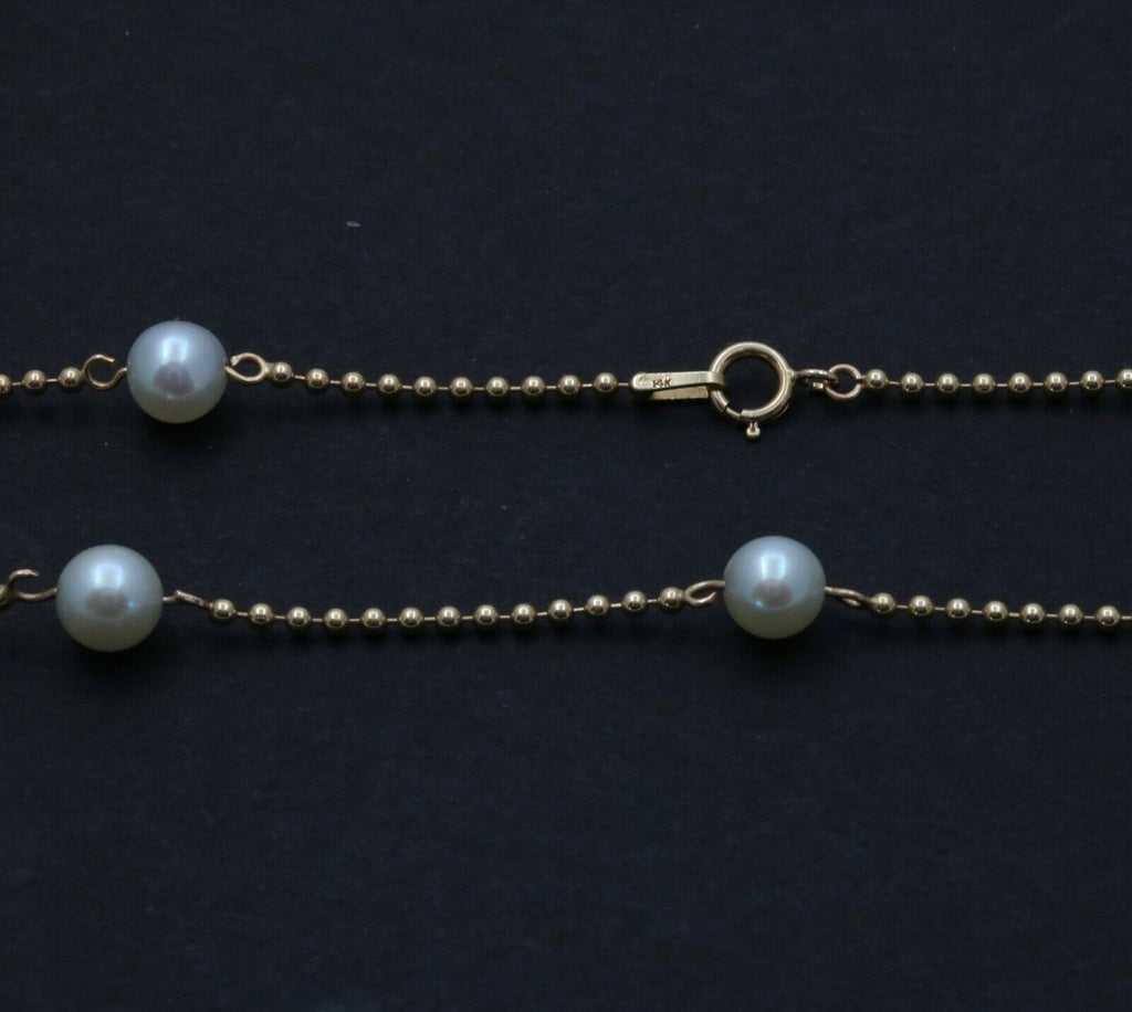 Vintage 14K Yellow Gold Pearl Dog Tag Chain Necklace, June Birth Stone