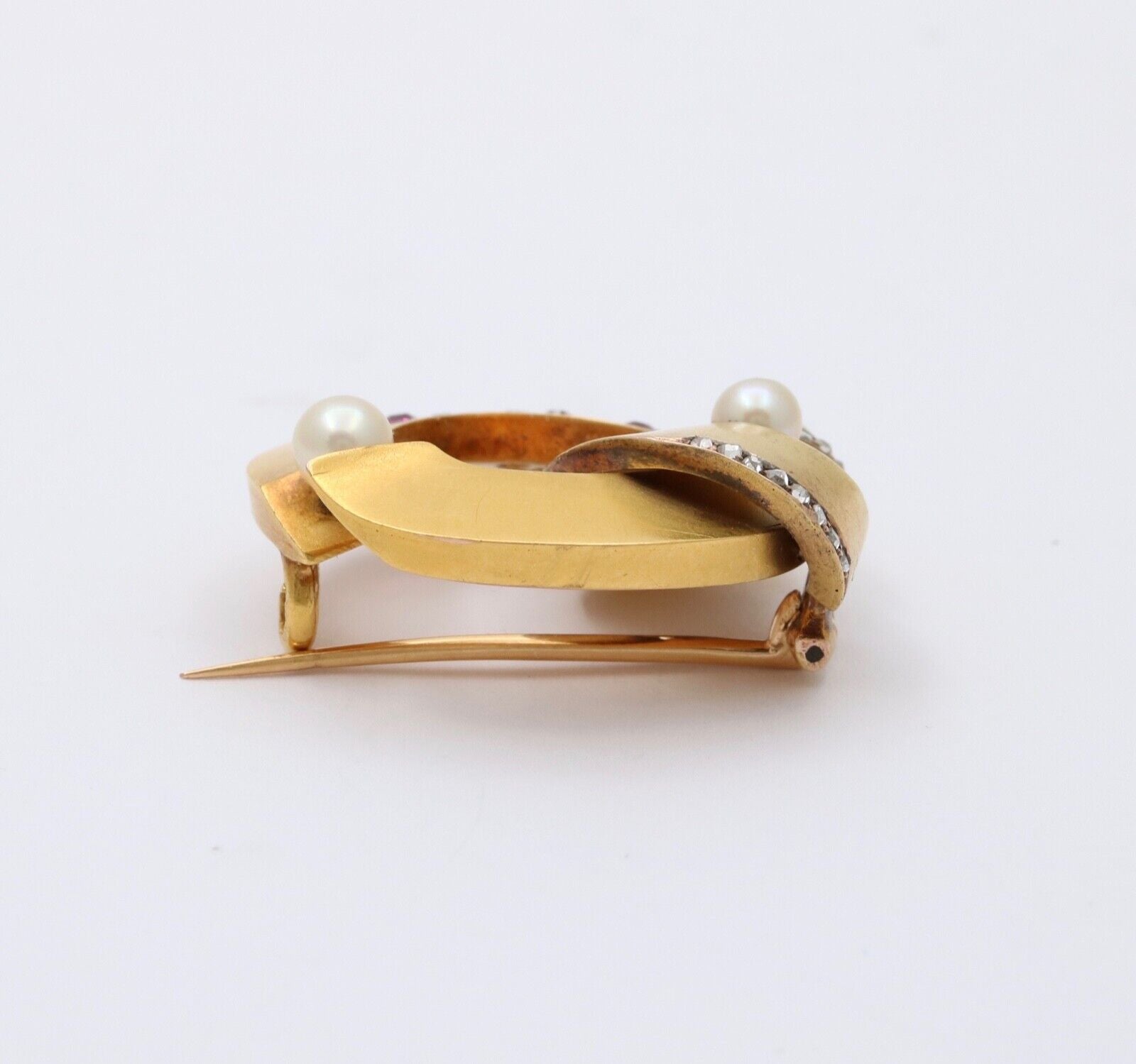 Antique 18K Yellow Gold Diamond Ruby Pearl Ribbon Brooch
