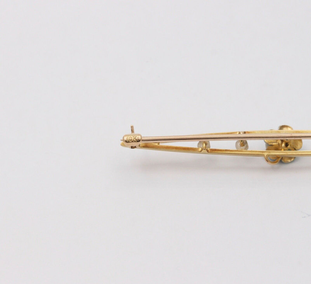 Antique Art Nouveau 10k Yellow Gold Forget Me Not Pearl Enamel Bar Pin