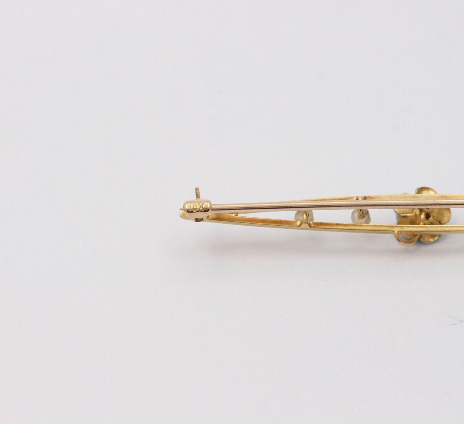 Antique Art Nouveau 10k Yellow Gold Forget Me Not Pearl Enamel Bar Pin