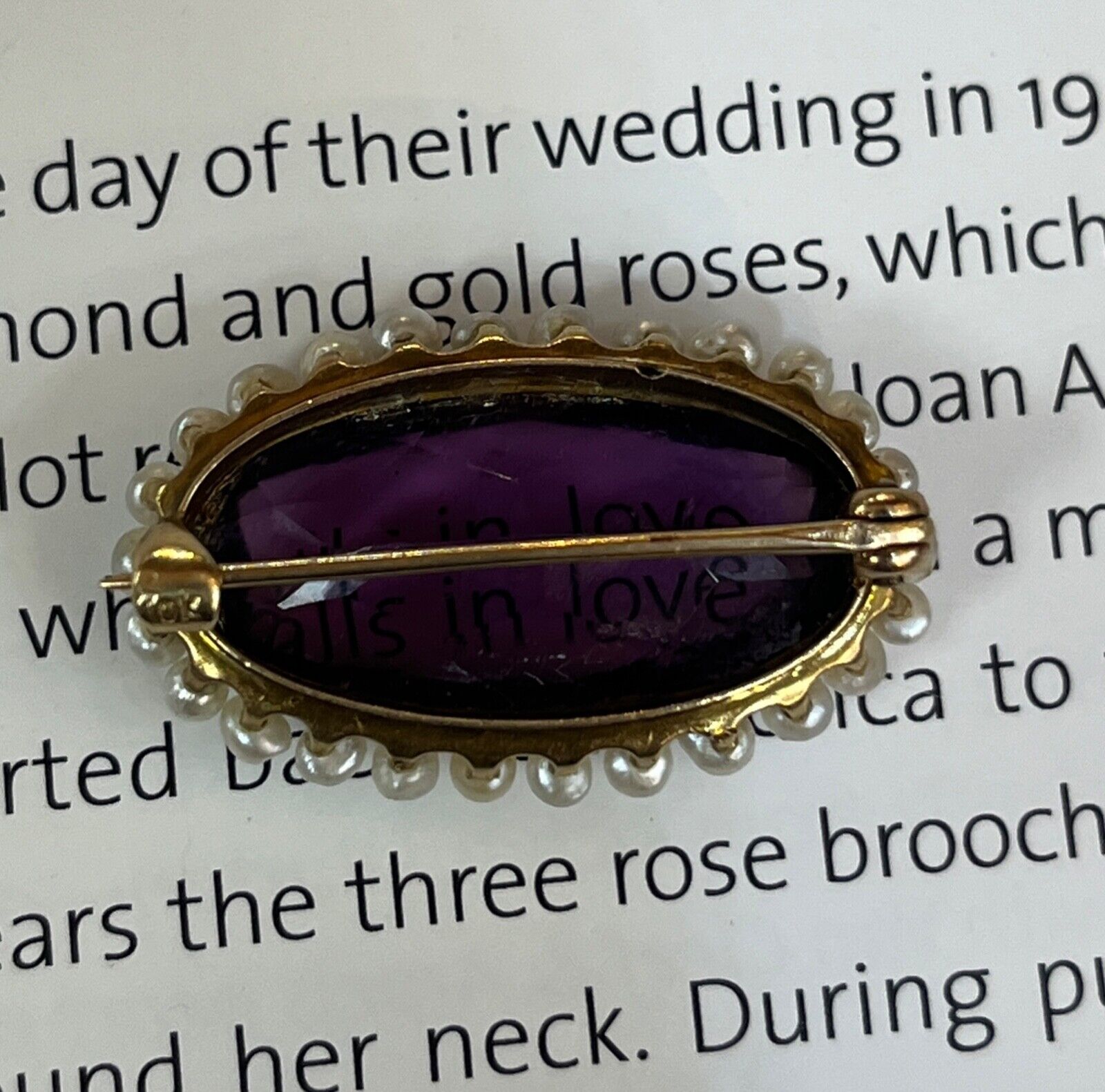 Antique Victorian 10K Yellow Gold Amethyst & Pearl Brooch Pin.