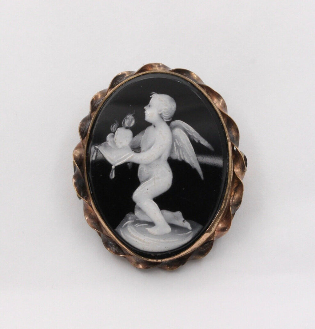 Victorian Cherub Angel Enamel 10K Rose Gold Brooch