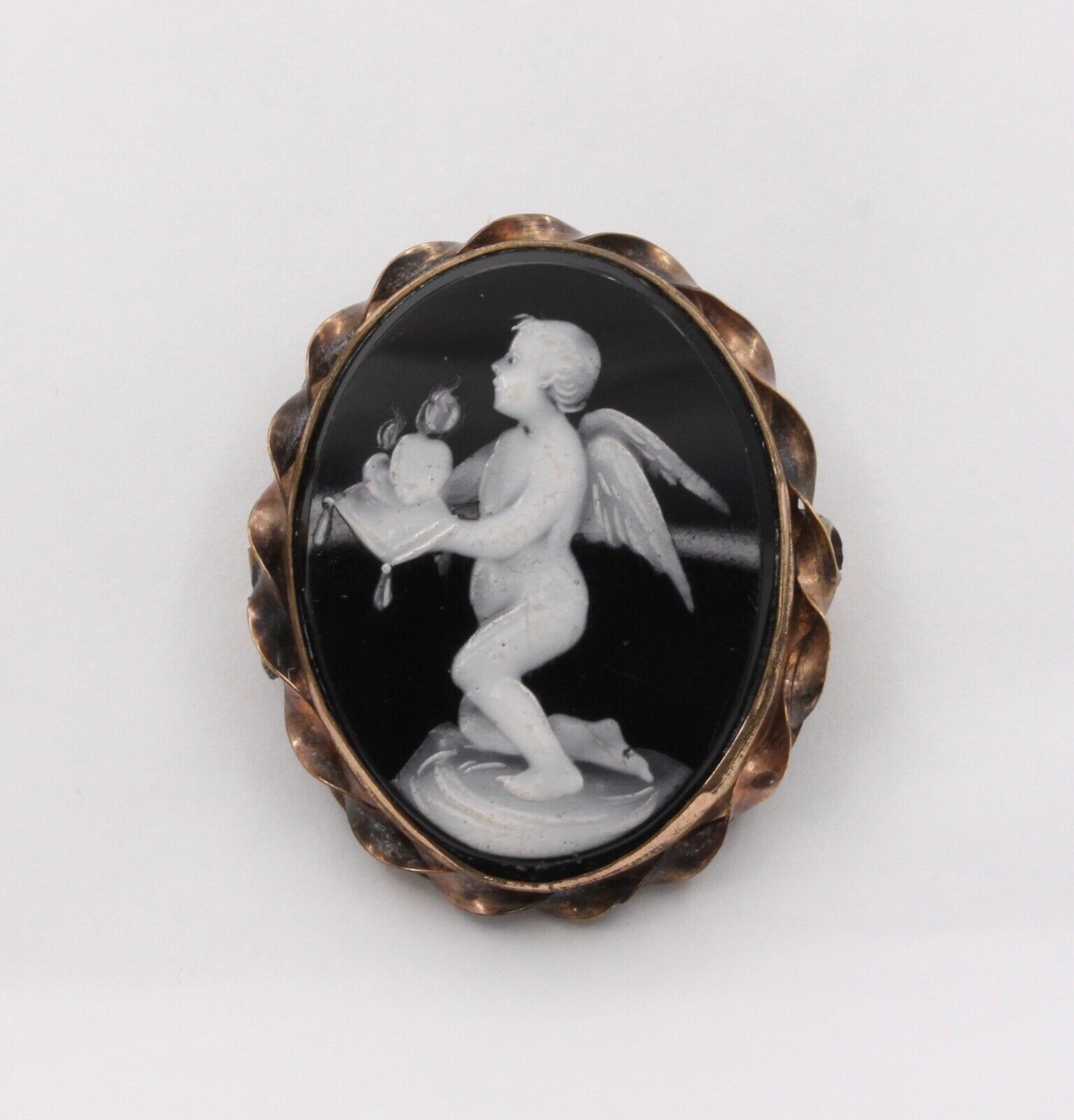Victorian Cherub Angel Enamel 10K Rose Gold Brooch