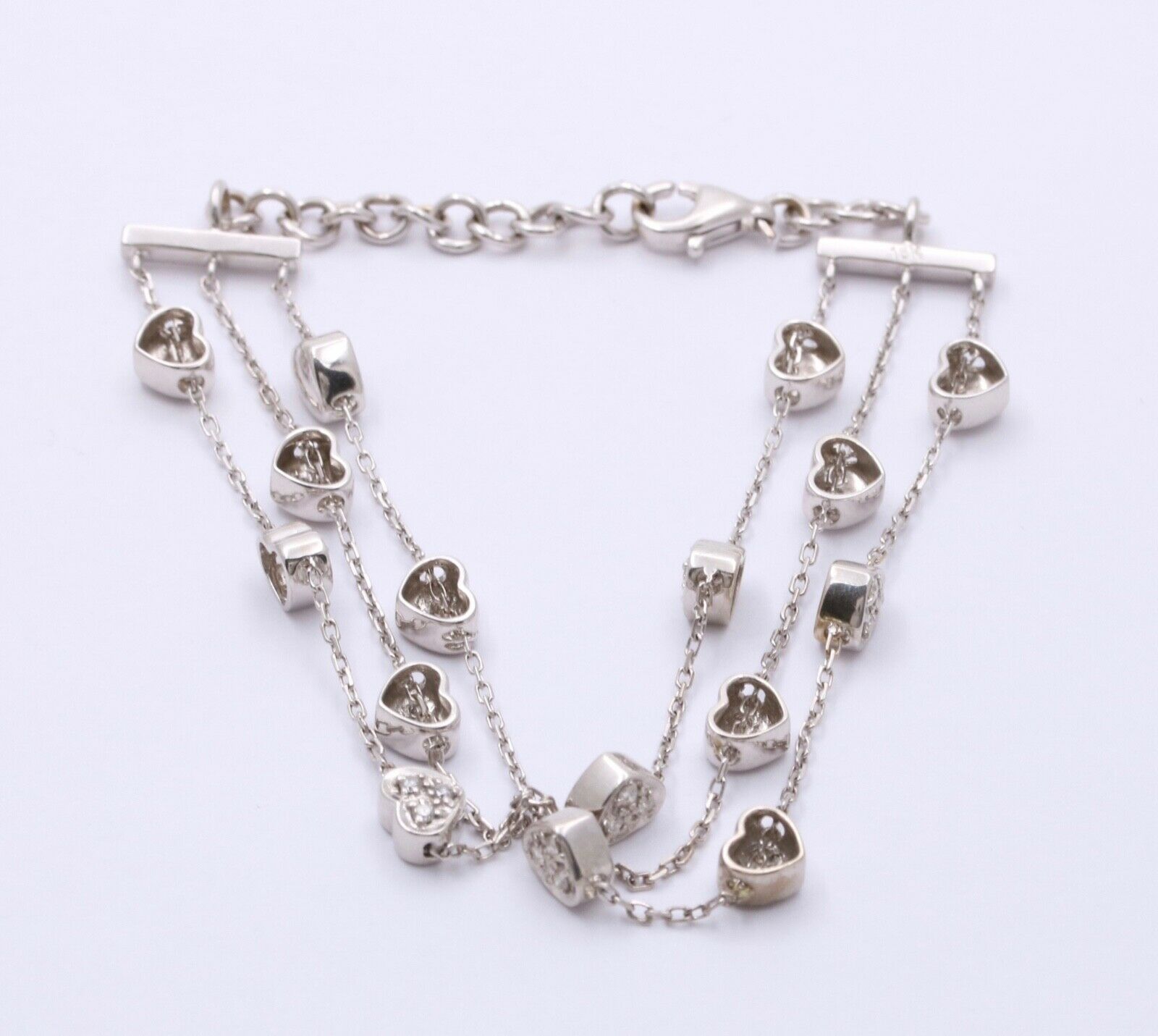 Vintage Hearts Diamonds 18K White Gold 3 Row Bracelet