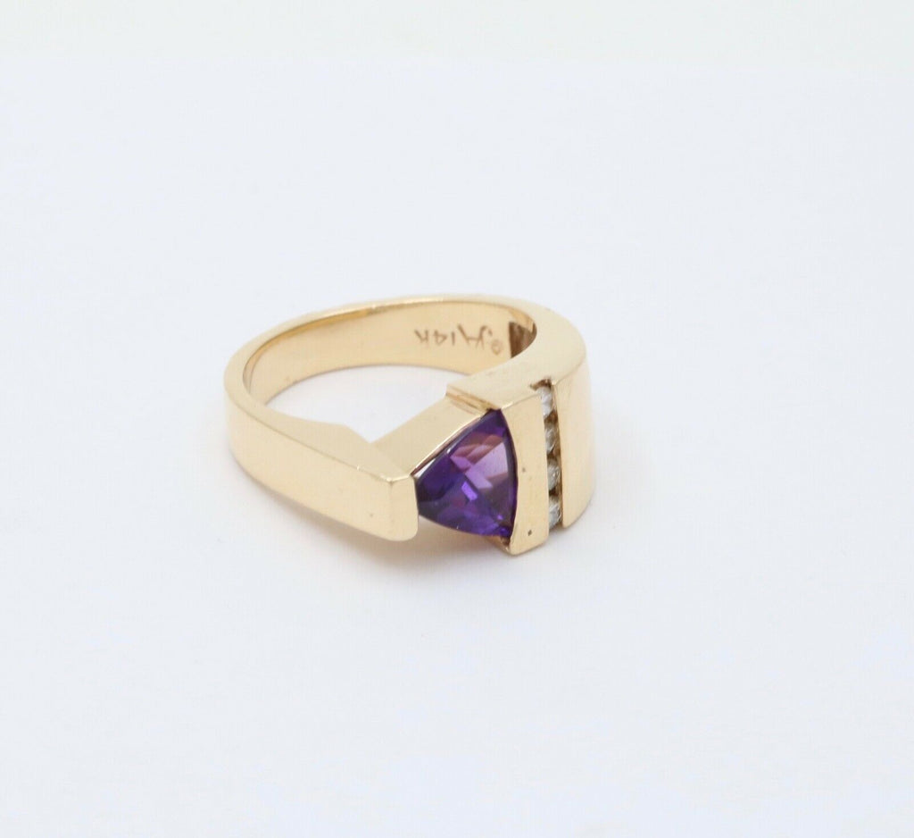 MidCentury 14K Yellow Gold Geometric Siberian Triangle Amethyst Diamond Ring Ban