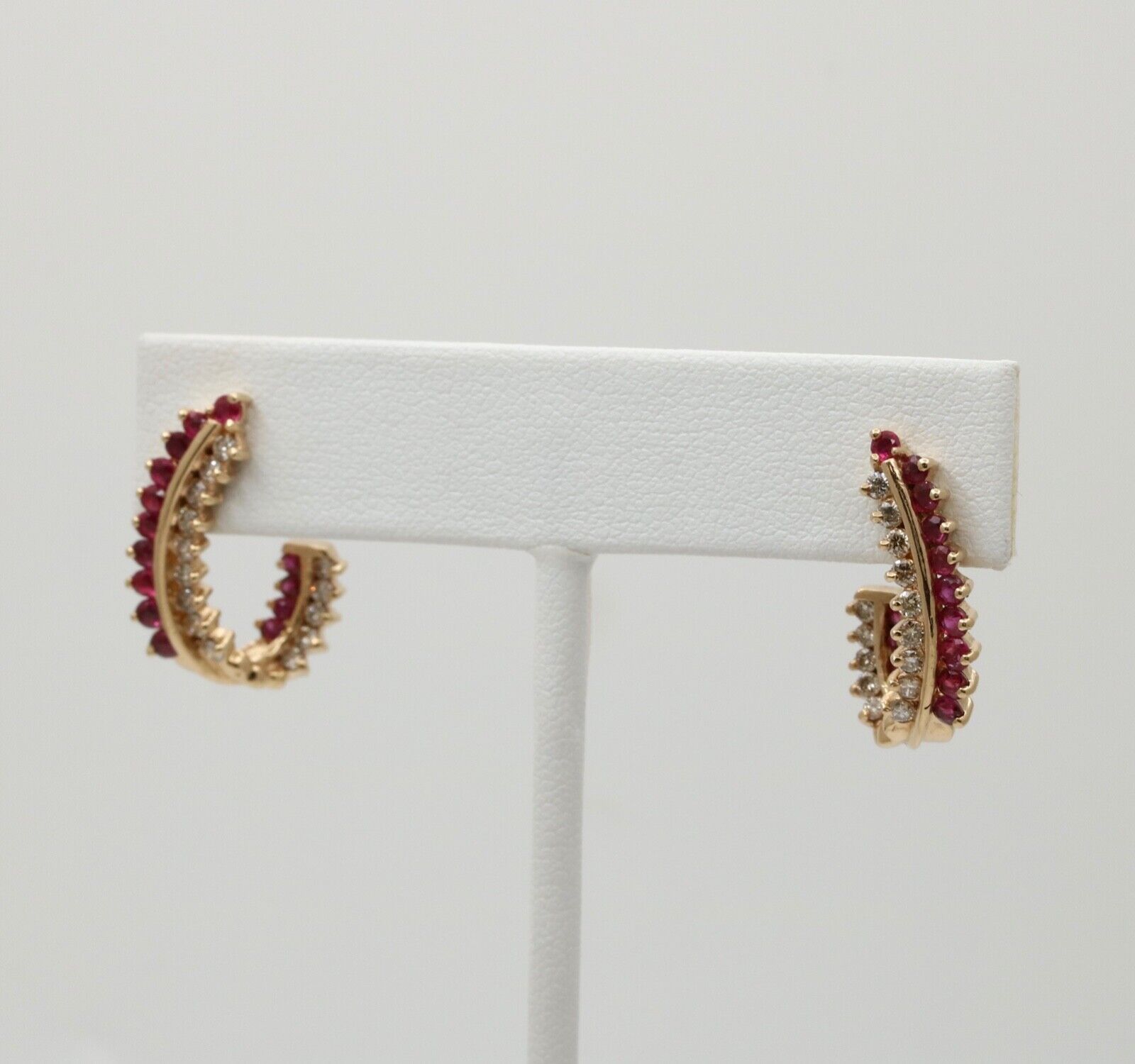 Vintage Retro 14K Gold Ruby and Diamond Huggie Earrings