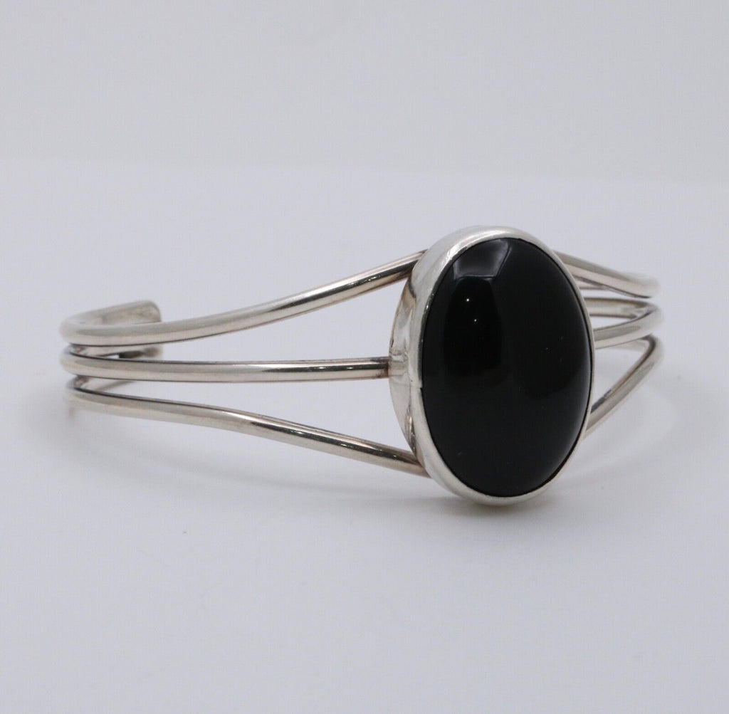 Vintage Onyx 925 Sterling Silver Bangle Cuff Bracelet