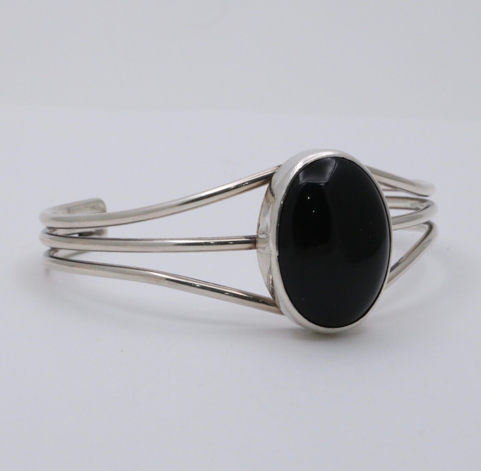 Vintage Onyx 925 Sterling Silver Bangle Cuff Bracelet