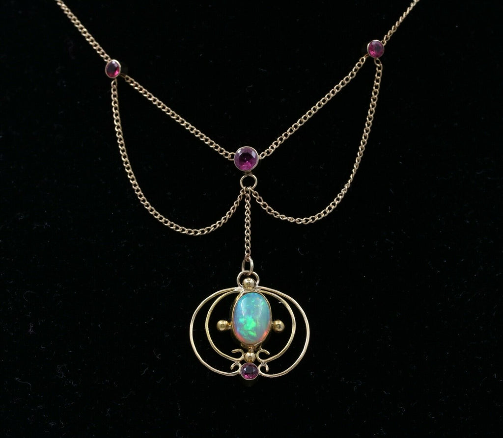 Art Nouveau 14K Yellow Gold Opal & Pink Tourmaline Festoon Necklace, Pendant.