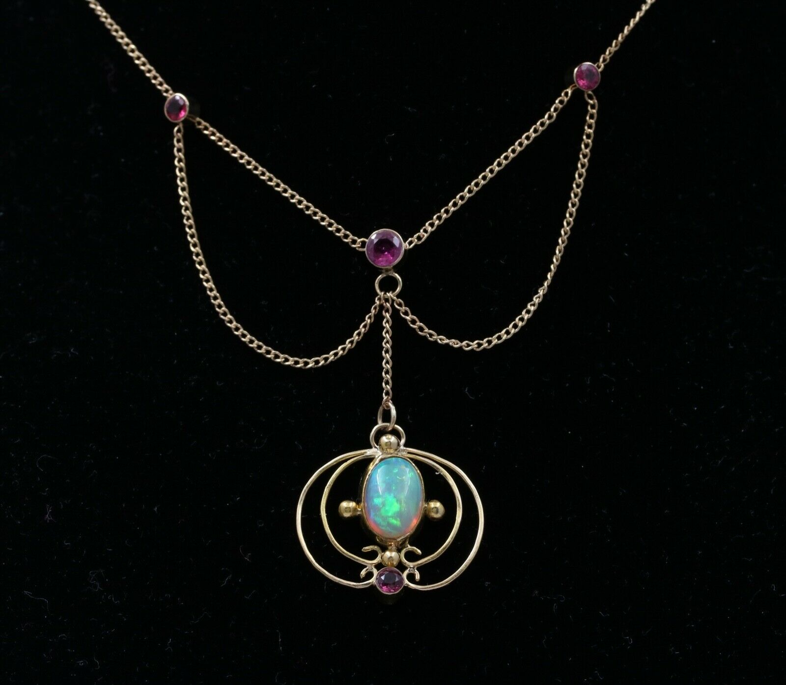 Art Nouveau 14K Yellow Gold Opal & Pink Tourmaline Festoon Necklace, Pendant.