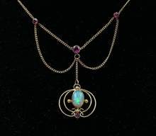 Load image into Gallery viewer, Art Nouveau 14K Yellow Gold Opal &amp; Pink Tourmaline Festoon Necklace Pendant .
