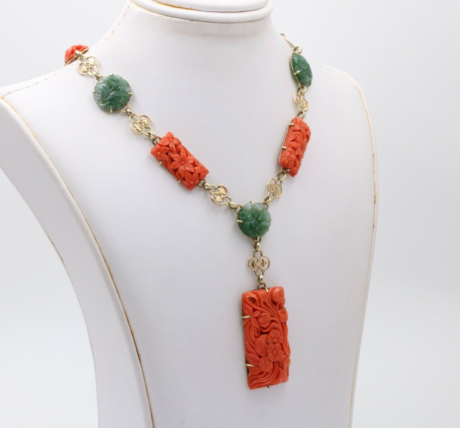 Vintage 14K Yellow Gold Circa 1930’s Carved Coral & Jade Necklace,