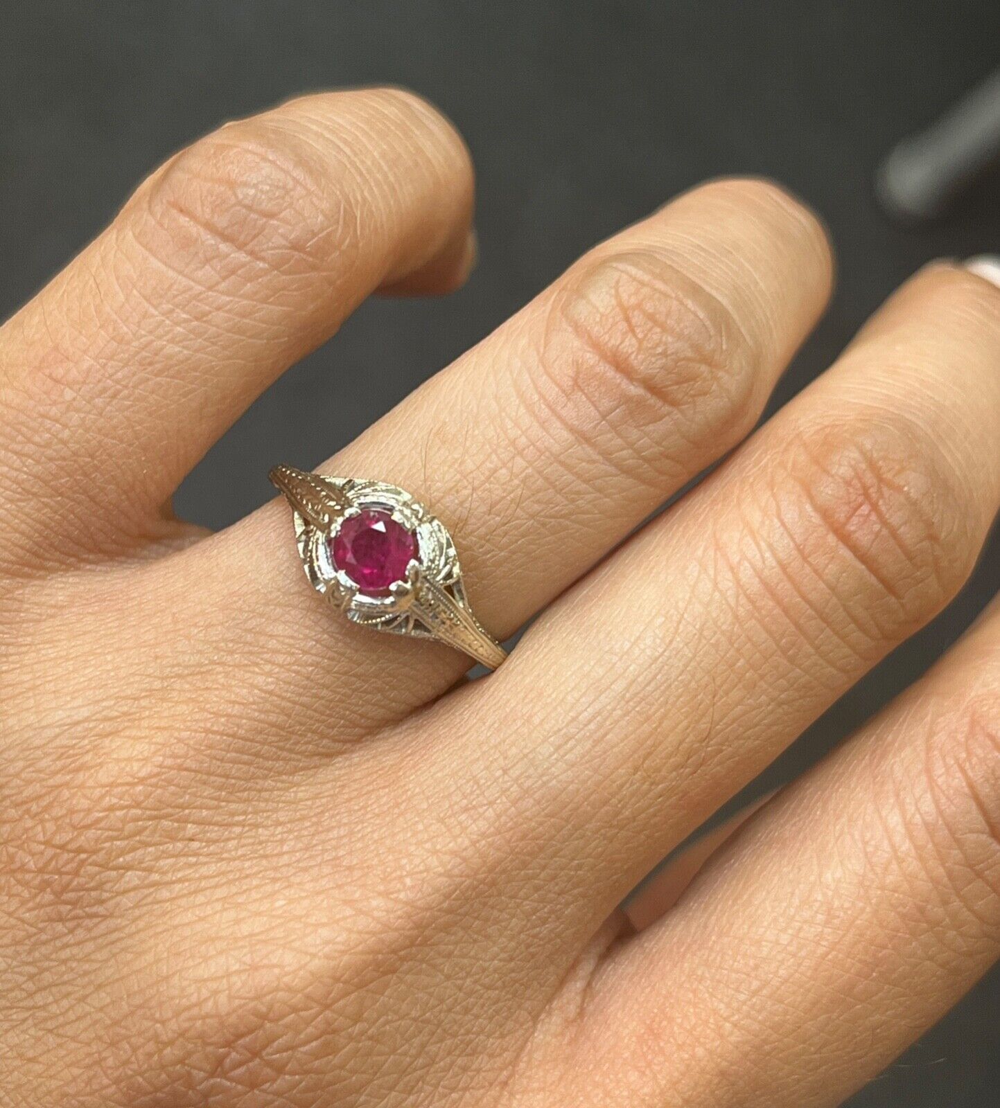 Art Deco 18K White Gold Filigree Ring Band, Engagement Ring