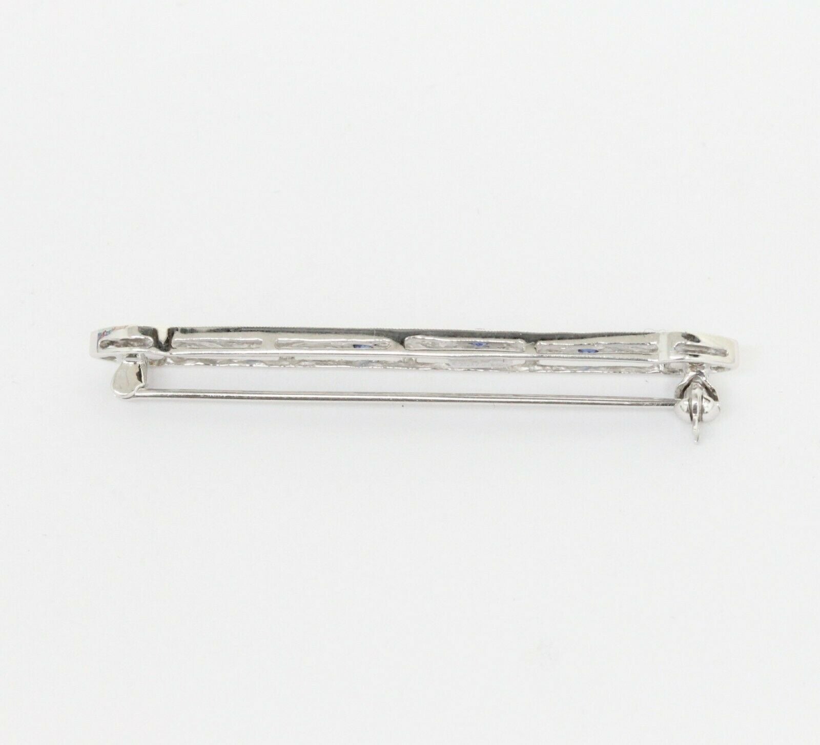 Vintage 18K White Gold Diamond Sapphire Bar Pin