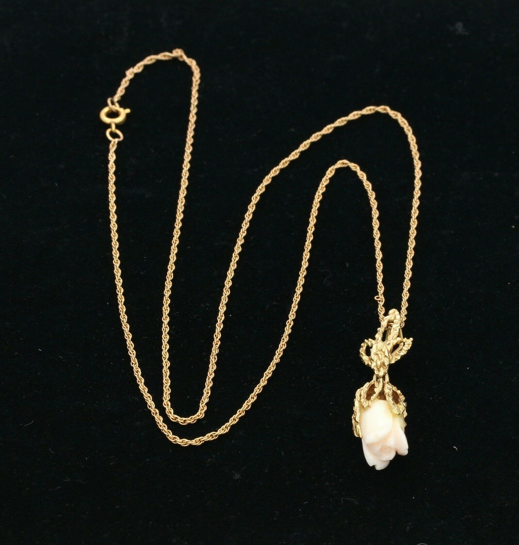 Victorian 14K Yellow Gold Angel Skin Coral Flower Carving Pendant with Chain