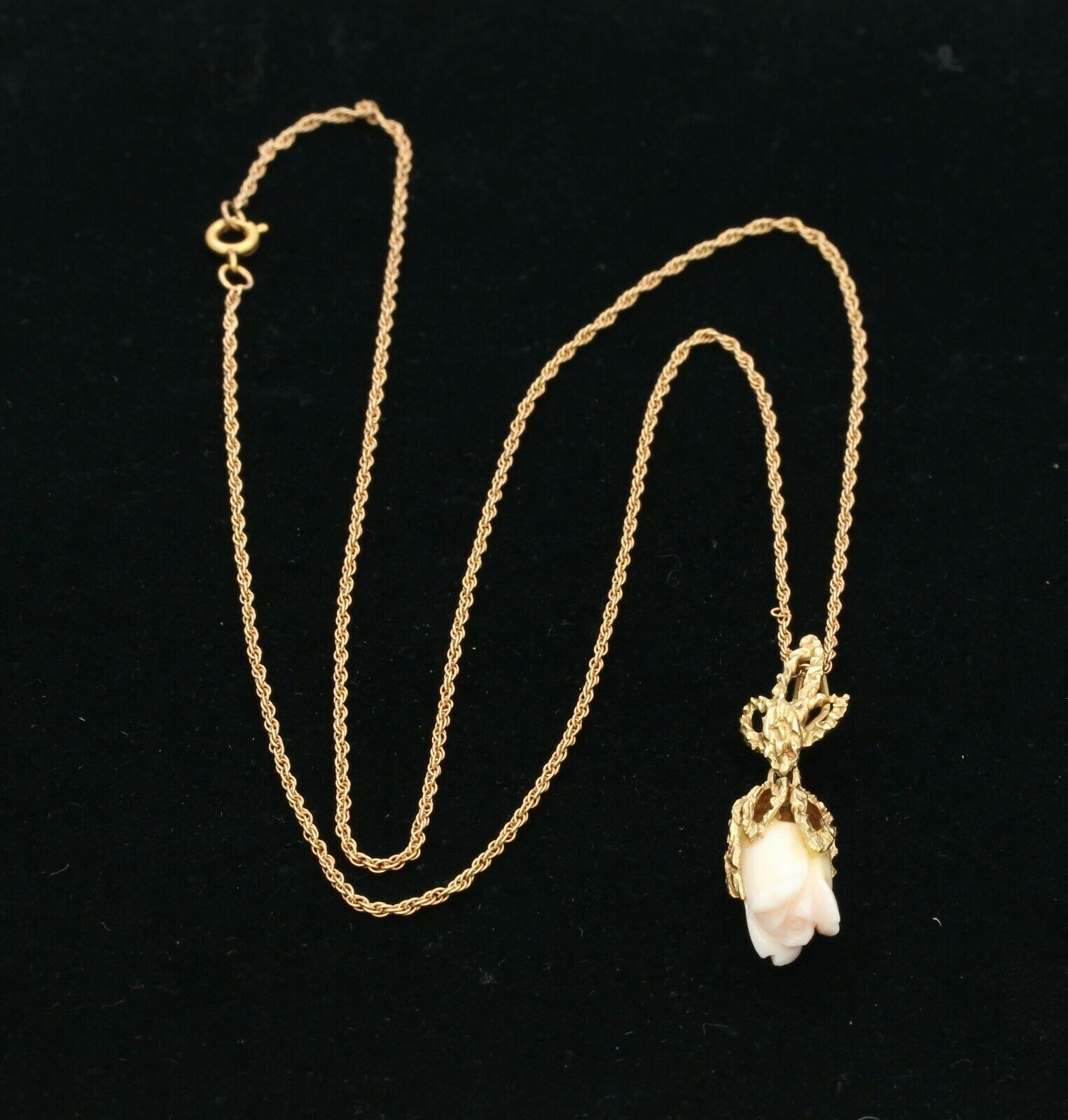 Victorian 14K Yellow Gold Angel Skin Coral Flower Carving Pendant with Chain