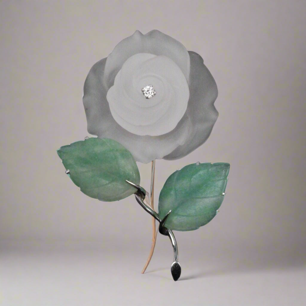 Vintage 14K White Gold Diamond & Jade Carved Rock Crystal Rose Brooch