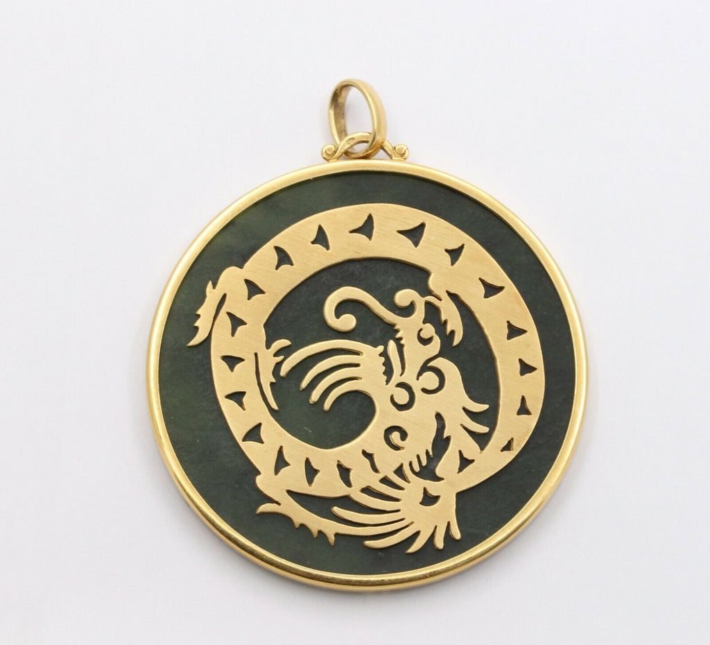 Vintage 18K Yellow Gold Spinning Dragon Jade Large Medallion
