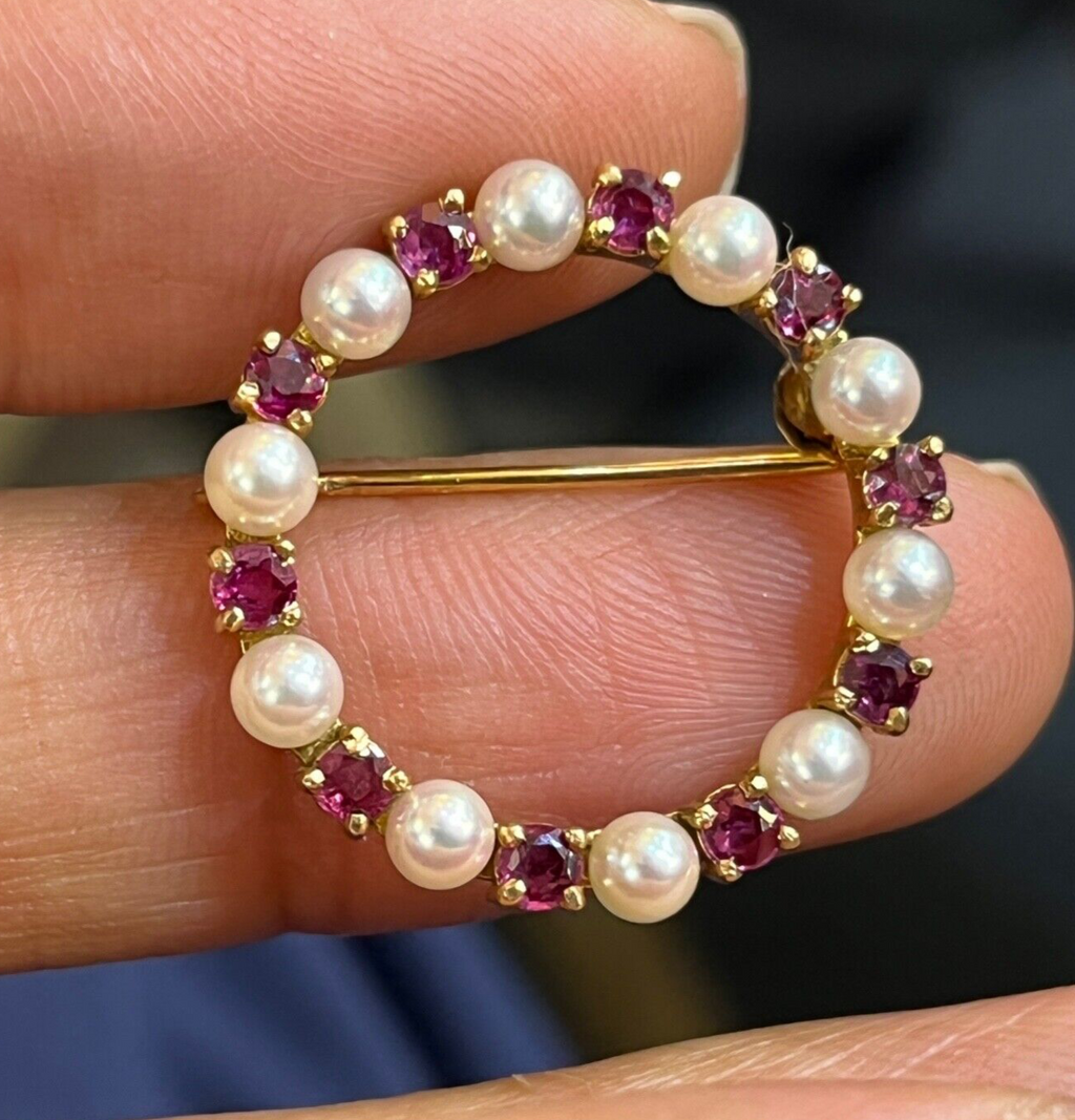Vintage 14K Yellow Gold Ruby and Pearl Circle Brooch