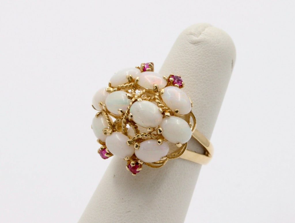 Vintage 14K Yellow Gold Opal Cluster Ruby Ring