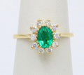 Vintage 18K Gold Emerald Diamond Halo Ring, Engagement Band