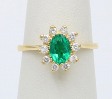 Load image into Gallery viewer, Vintage 18K Gold Emerald Diamond Halo Ring, Engagement Band
