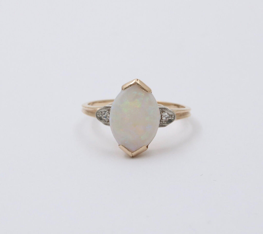 Art Deco 10K Yellow Gold Opal & Diamond Ring