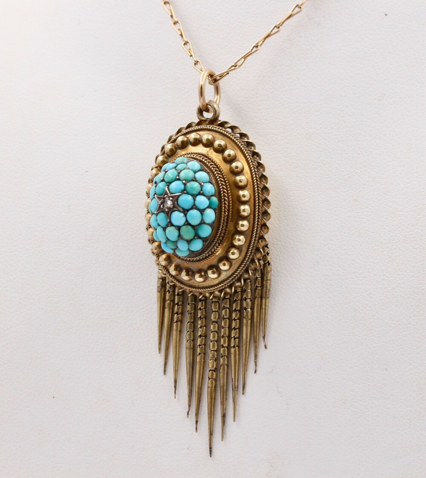 Victorian Rose Cut Diamond Turquoise 14K Yellow Gold Pendant