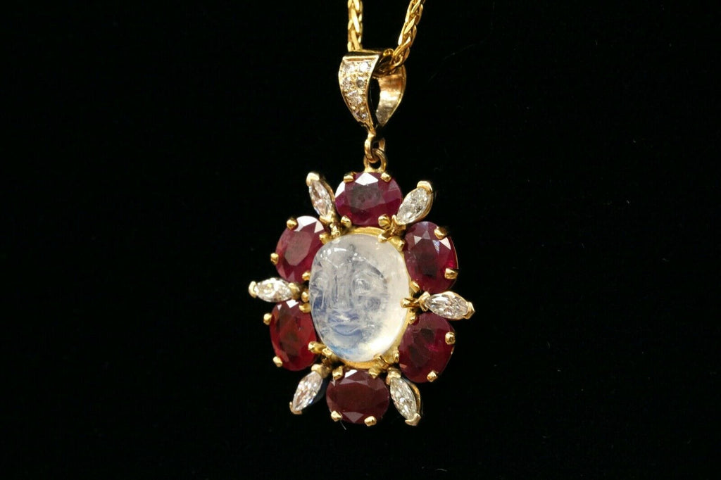 Vintage Man on the Moon Moonstone Rubies Diamonds Gold Over Silver Pendant