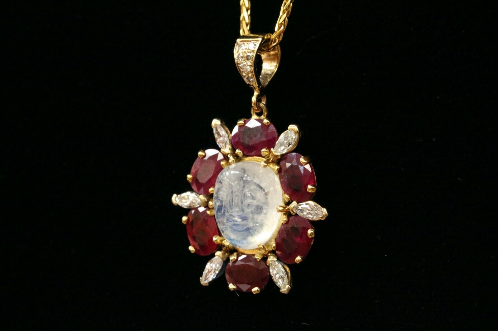 Vintage Man on the Moon Moonstone Rubies Diamonds Gold Over Silver Pendant