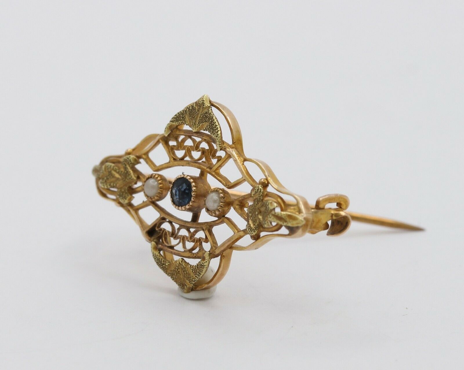Art Nouveau 10K Yellow Gold Sapphire Pearl Brooch