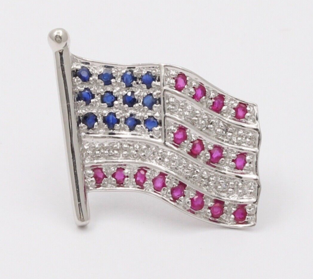 Classic 14K White Gold And Diamond American Flag, 4th of July Brooch, Pin.