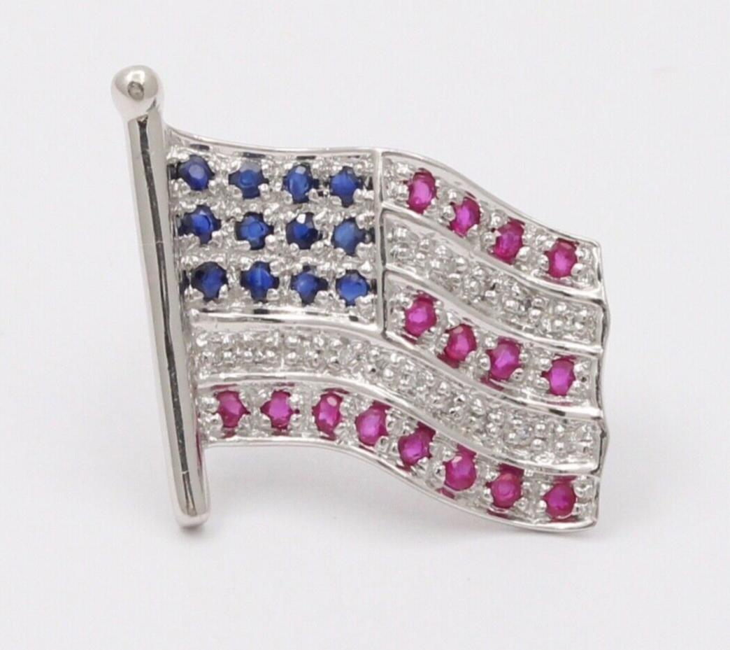 Classic 14K White Gold And Diamond American Flag, 4th of July Brooch, Pin.