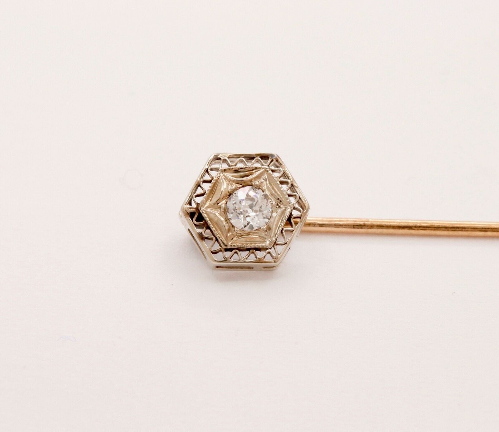 Art Deco Diamond 14K White and Yellow Gold Filagree Stick Pin
