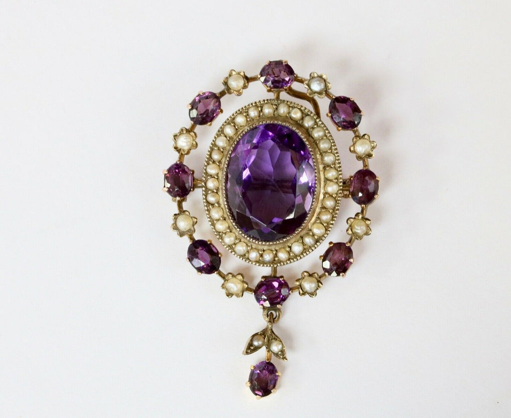 Victorian Amethyst Seed Pearl Milgrain 9 Carat Brooch Pendant