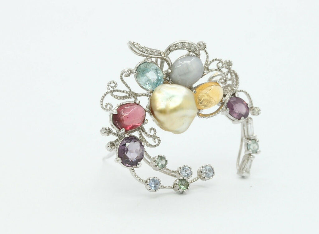 Vintage 18K White Gold Multi-Gemstone Diamond Brooch Pendant