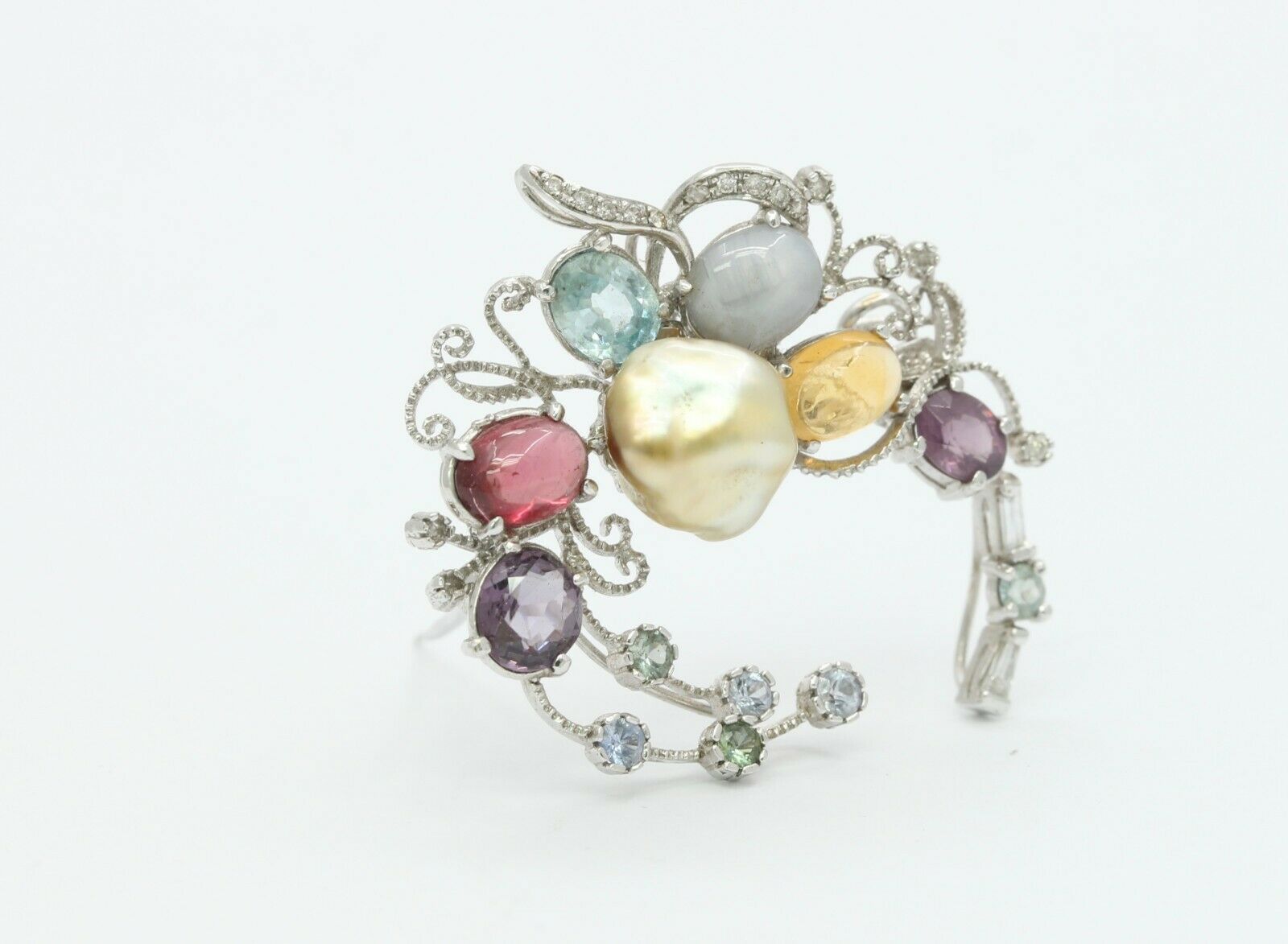 Vintage 18K White Gold Multi-Gemstone Diamond Brooch Pendant