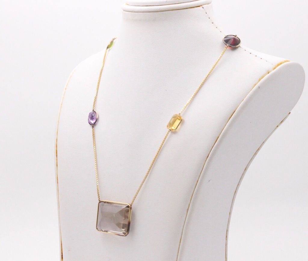 Vintage 14K Yellow Gold Smoky Quartz, Amethyst, Citrine,and Peridot Station Neck