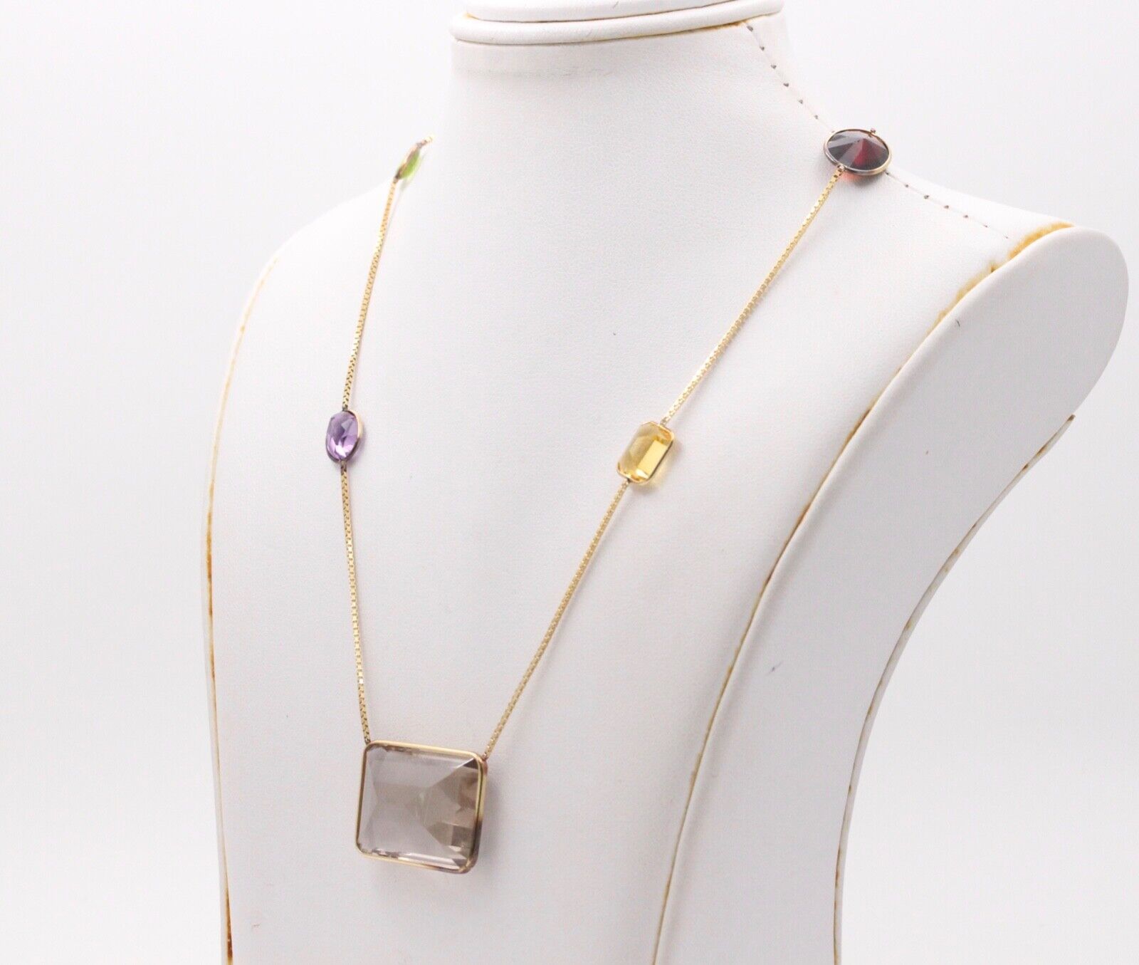Vintage 14K Yellow Gold Smoky Quartz, Amethyst, Citrine,and Peridot Station Neck