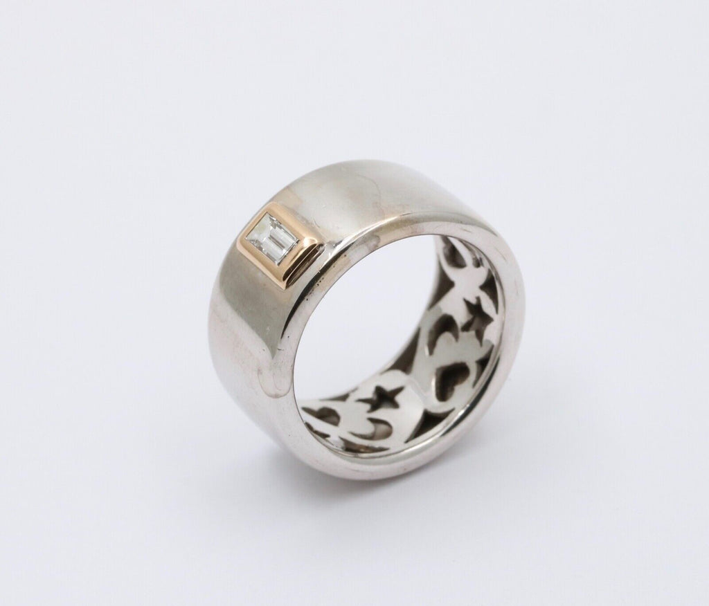 Funky 18K Gold Step Cut Baguette Diamond Wide Cigar Band, Stacking Ring.