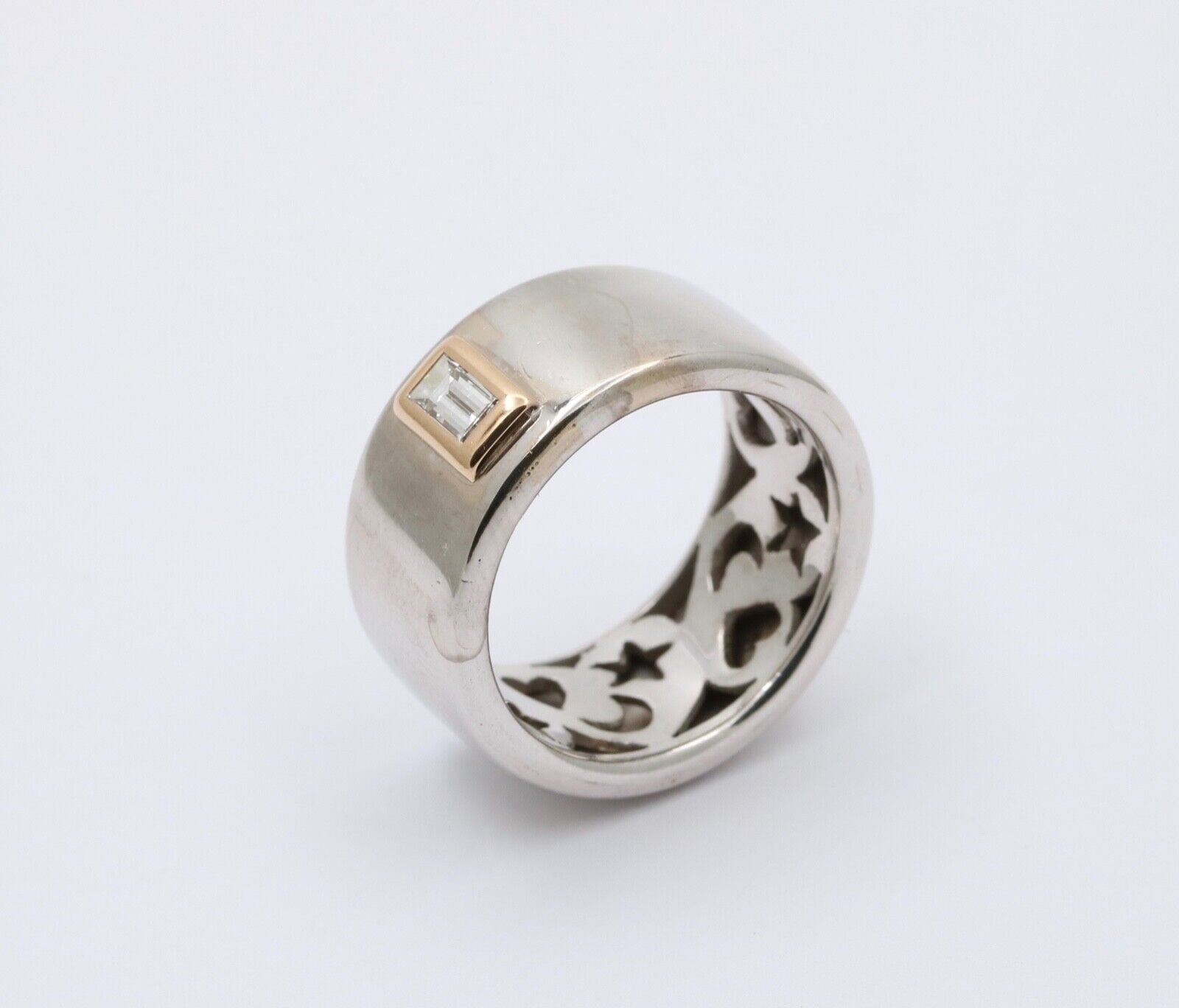 Funky 18K Gold Step Cut Baguette Diamond Wide Cigar Band, Stacking Ring.
