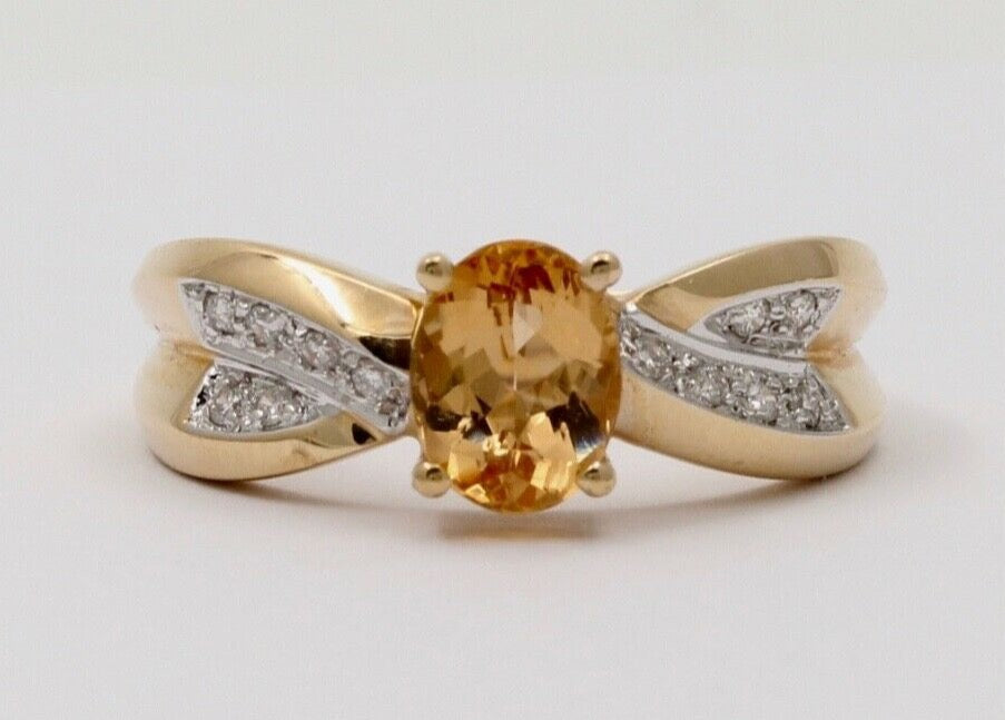 Vintage Ribbon Style Citrine Diamonds 14K Yellow Gold Ring