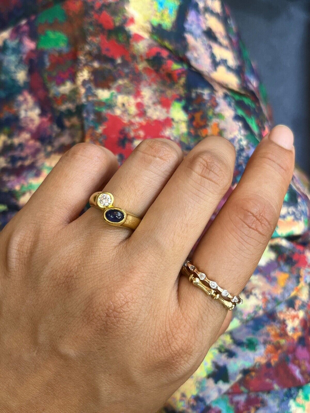 Vintage 18K Yellow Gold Diamond and Sapphire Bypass Ring