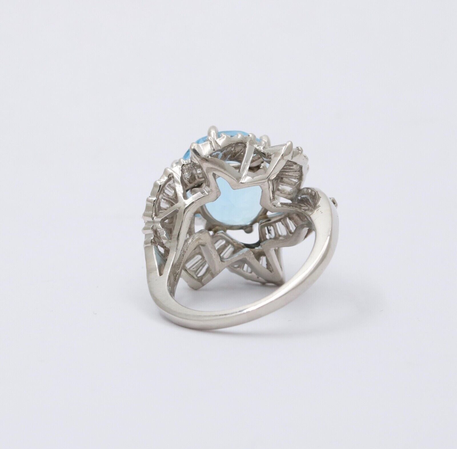Vintage Platinum Aquamarine and Twirling Diamond Halo Ring, Statement Ring.