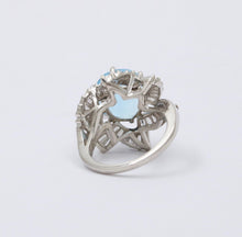 Load image into Gallery viewer, Vintage Platinum Aquamarine and Twirling Diamond Halo Ring, Statement Ring.
