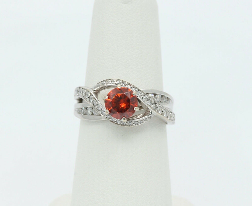 Vintage Ladies Spessartite Garnet Diamonds 18K White Gold Ring