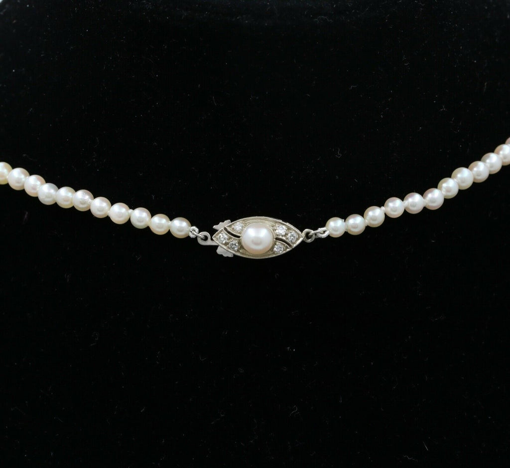 Art Deco Akoya Cultured Pearls Diamonds 14K White Gold Necklace