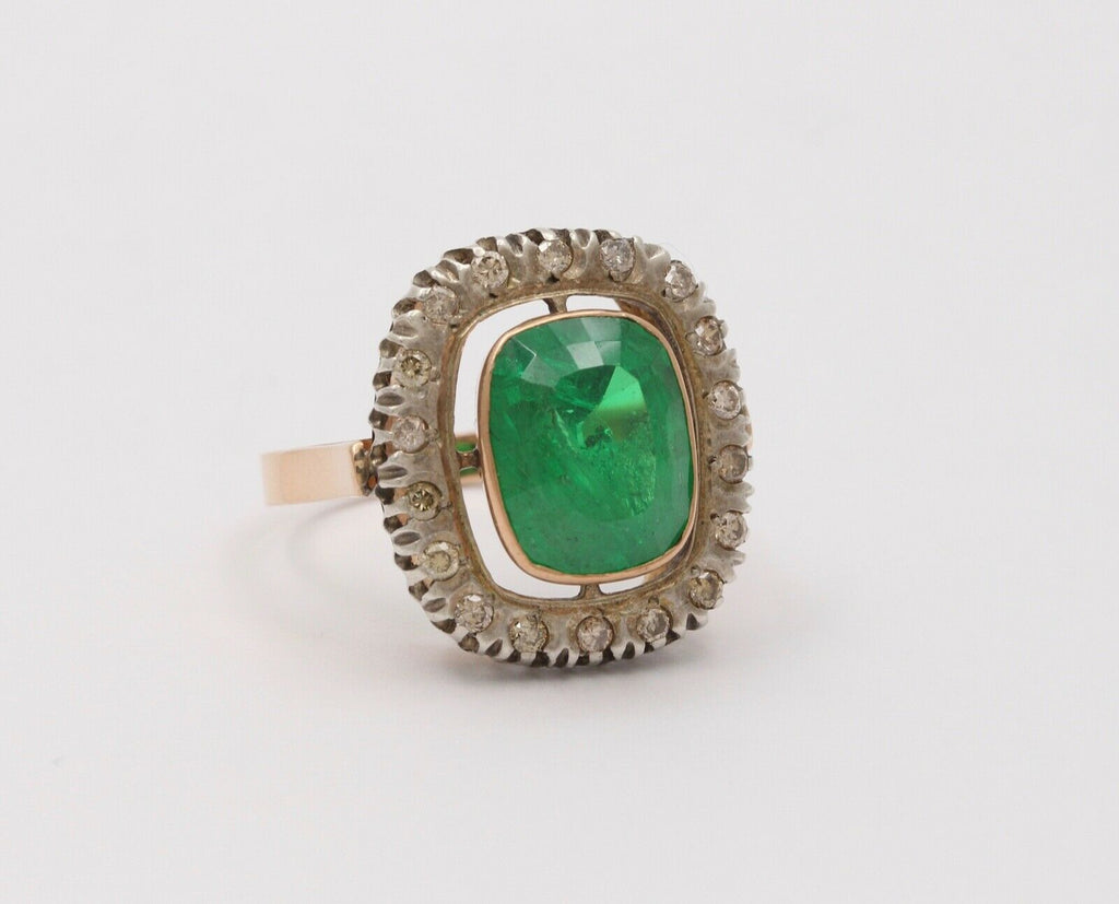 Vintage Emerald Diamonds 14K Yellow White Gold Ring