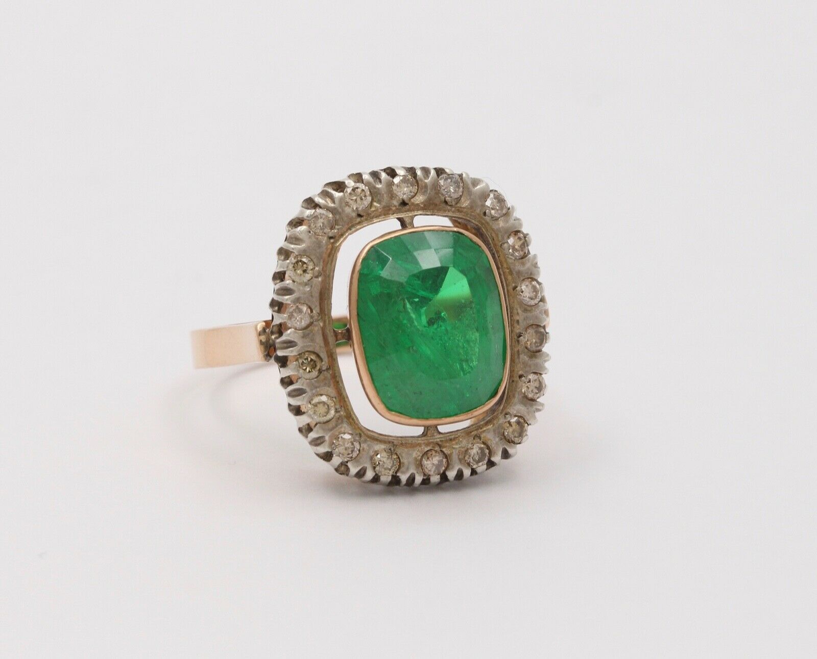 Vintage Emerald Diamonds 14K Yellow White Gold Ring