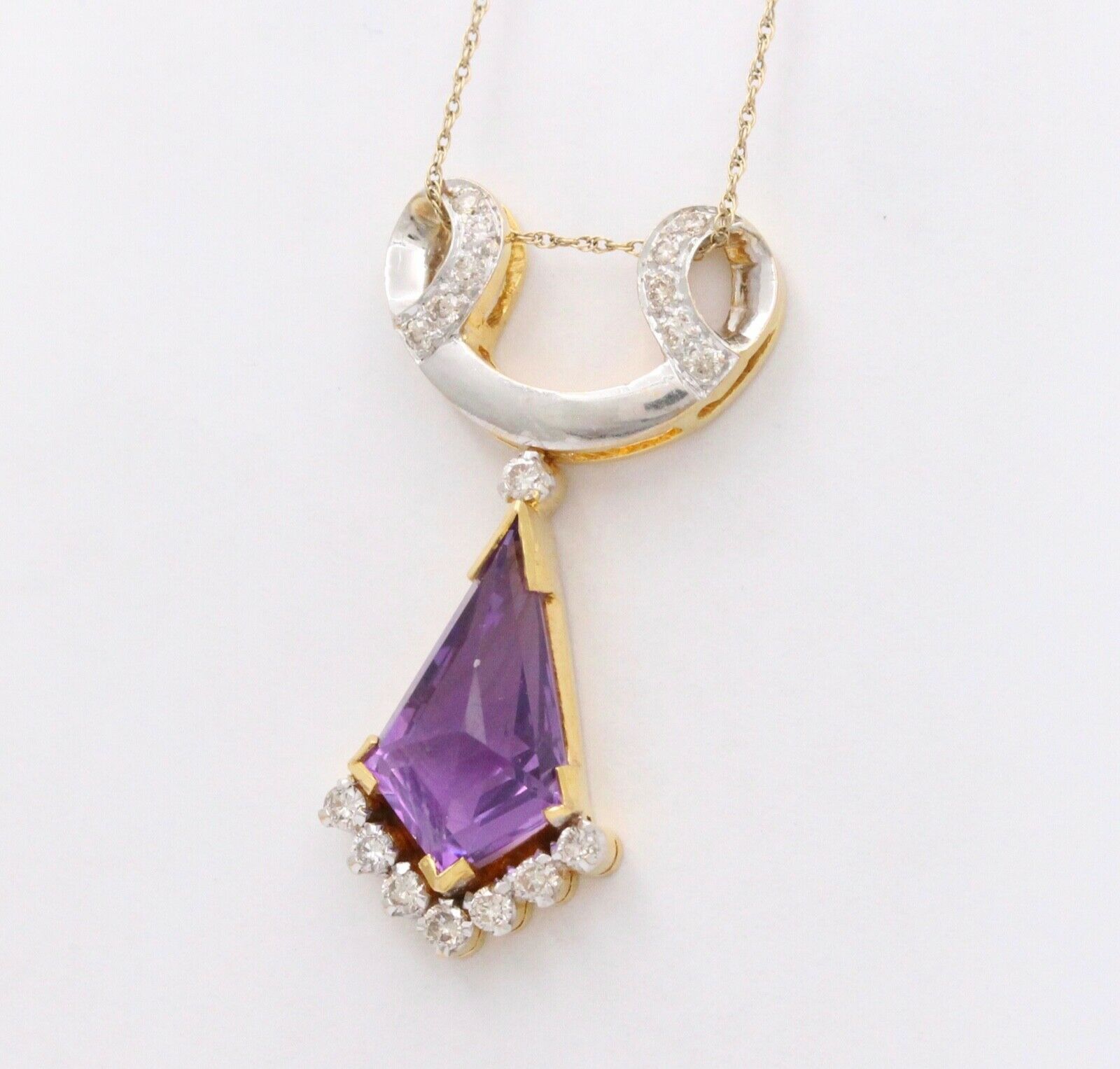 Vintage Geometric Amethyst Diamonds 18K Yellow Gold Platinum Pendant